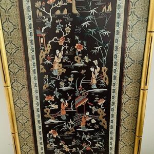 Vintage Chinese-handmade embroidery on silk-Bamboo style frame-maidens in garden